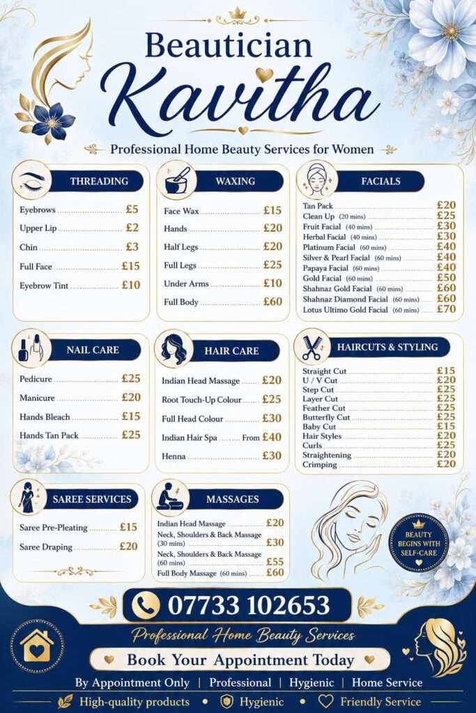 Professional-Home-Beautician-in-Preston-for-Women-Beautician-Kavitha-Beauty-Services-Price-List